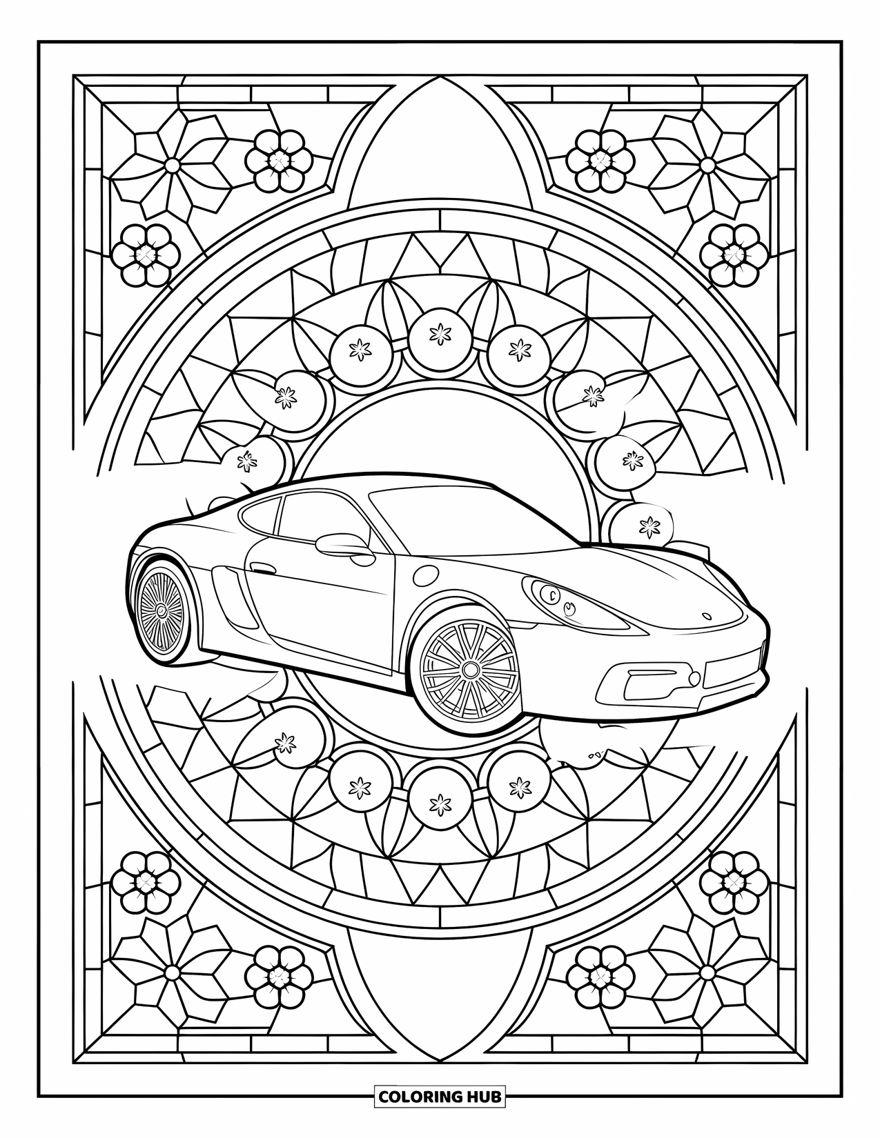 Blue Coloring Page for Adults: A sleek sports car framed by floral stained glass filled with geometric shapes
