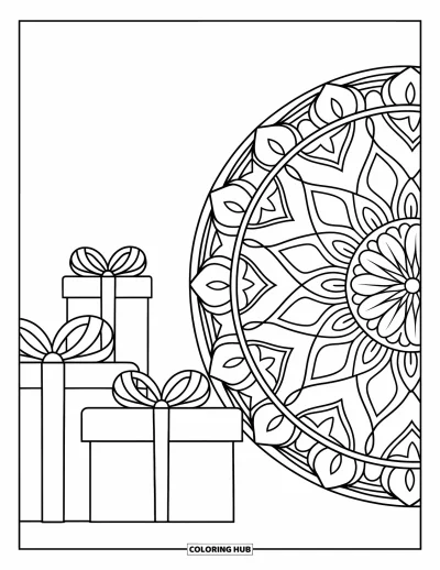 Coloriage de bleu pour adultes : Une pile de boîtes-cadeaux à côté d'un grand mandala décoratif aux formes complexes