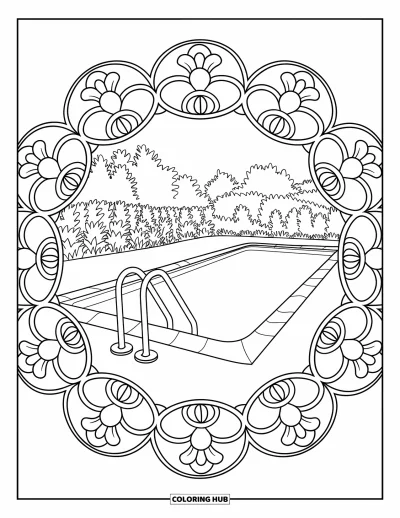 Coloriage de bleu pour adultes : Une piscine entourée d'un mandala floral circulaire et d'arbres feuillus