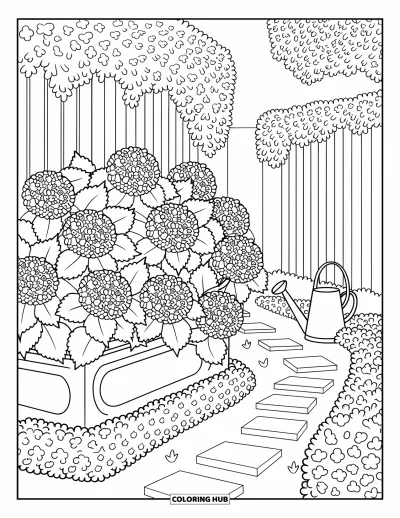 Coloriage de bleu pour adultes : Une scène de jardin chaleureuse avec des fleurs, des pétales et une lumière d'après-midi apaisante