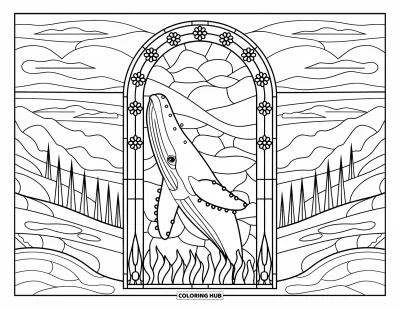 Coloriage de bleu pour adultes : Une baleine nageant vers le haut à travers une arche de vitrail aux motifs floraux