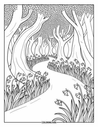 Coloriage de bleu pour adultes : Un sentier boisé sinueux bordé d'arbres et de jacinthes des bois en grappes