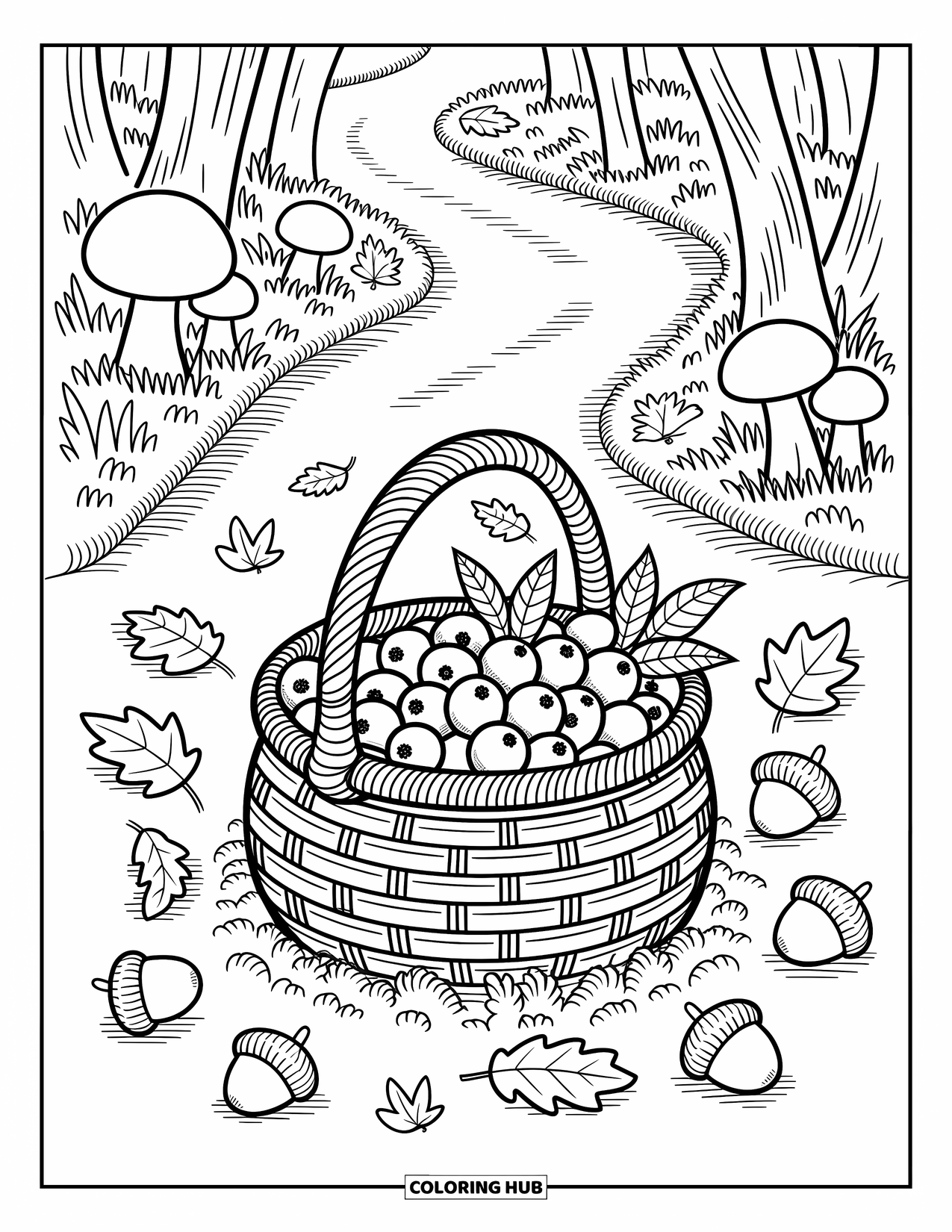 Blue Coloring Page for Adults: A woven basket full of blueberries resting in a calm forest clearing
