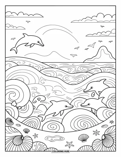 Coloriage de bleu pour adultes : De gracieux dauphins nageant et bondissant parmi des vagues scintillantes et calmes