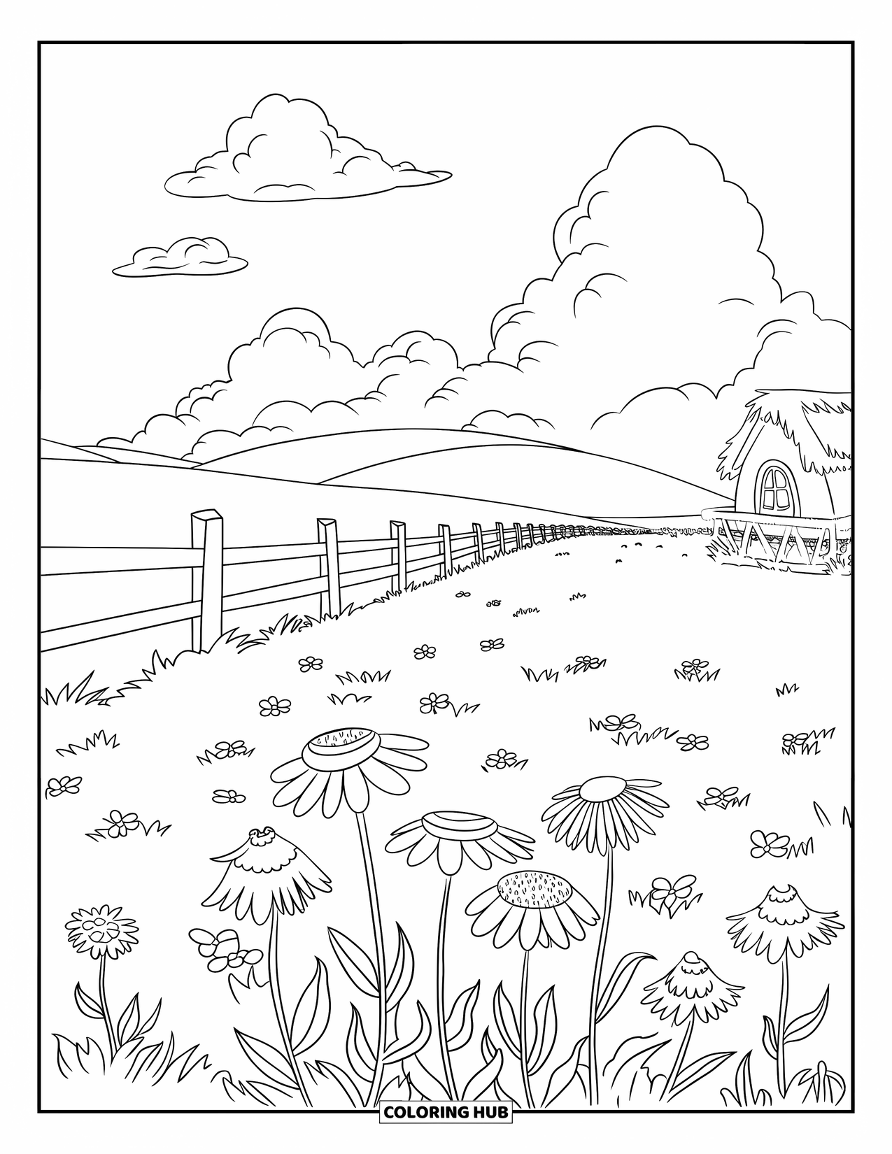 Blue Coloring Page for Kids: A blooming field of blue flowers beside a small yellow house
