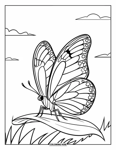 Coloriage de bleu pour enfants : Un papillon bleu posé sur une feuille verte sous un ciel lumineux