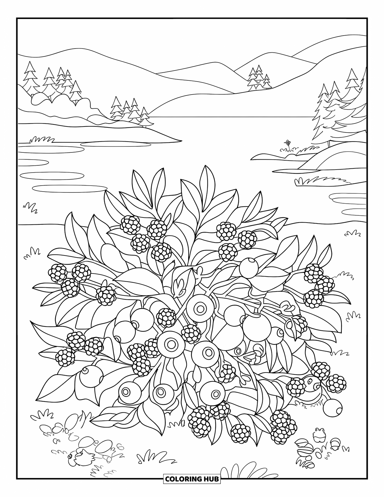 Blue Coloring Page for Kids: A blueberry bush surrounded by animals and a peaceful landscape