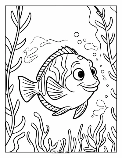 Coloriage de bleu pour enfants : Un poisson orange et bleu vif nageant parmi de longues plantes vertes sous l'eau