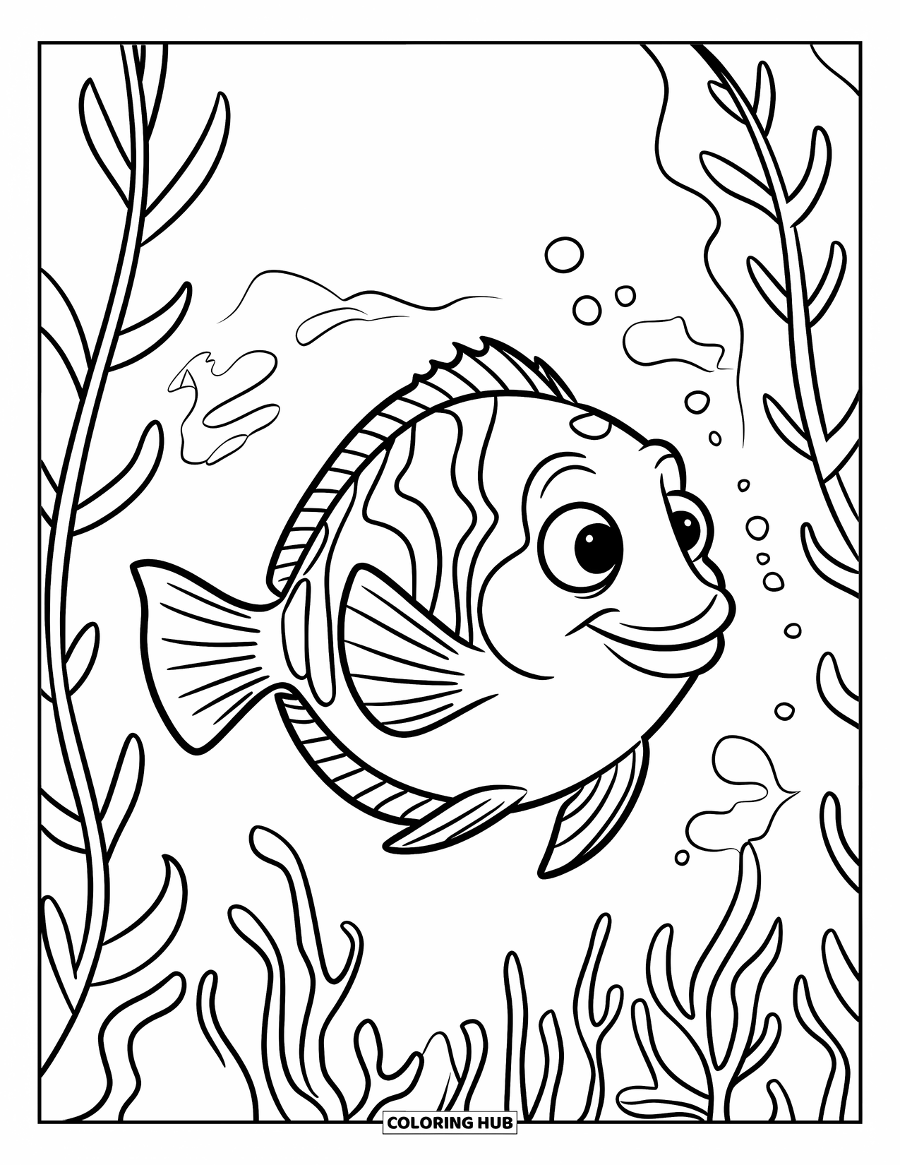 Blue Coloring Page for Kids: A bright orange-blue fish swimming through long green plants underwater