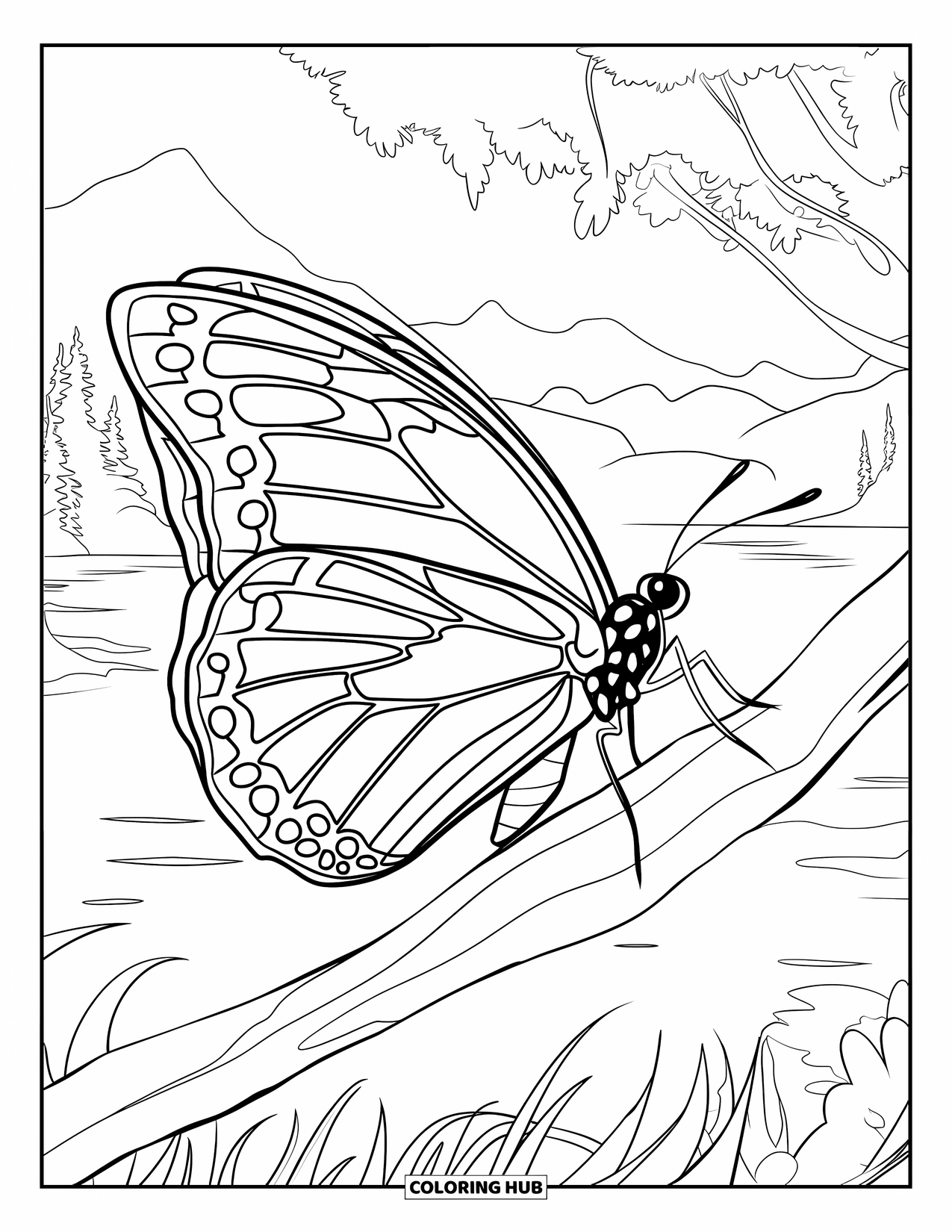Blue Coloring Page for Kids: A butterfly perched on a branch above mountains and trees