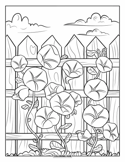 Coloriage de bleu pour enfants : Une barrière joyeuse couverte de fleurs d'ipomée en pleine floraison