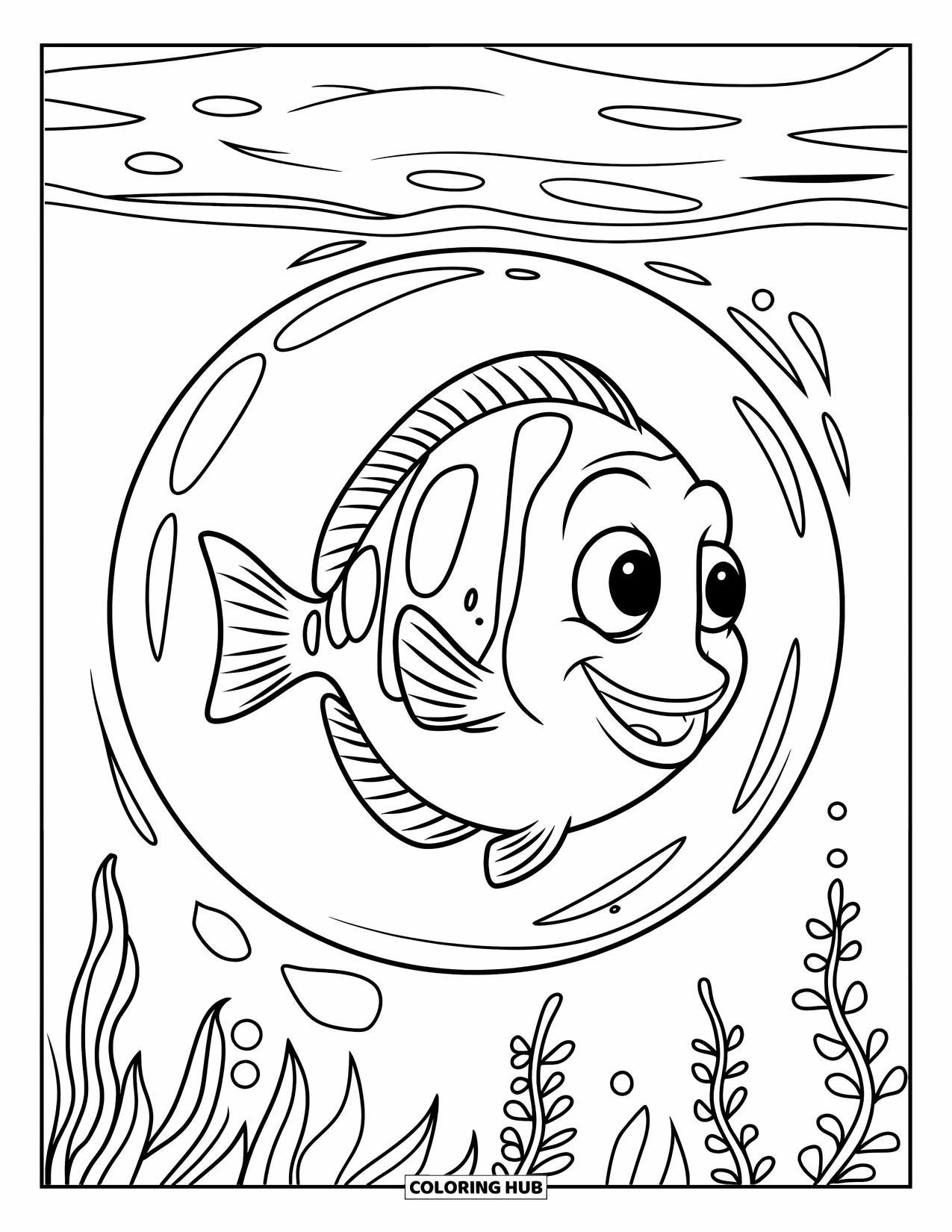Blue Coloring Page for Kids: A cheerful fish swimming inside a bubble in a calm ocean