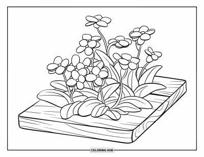 Coloriage de bleu pour enfants : Un bouquet de myosotis posé délicatement sur une planche en bois