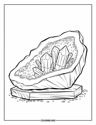 Coloriage de bleu pour enfants : Une géode remplie de cristaux posée sur un socle en bois entouré de galets