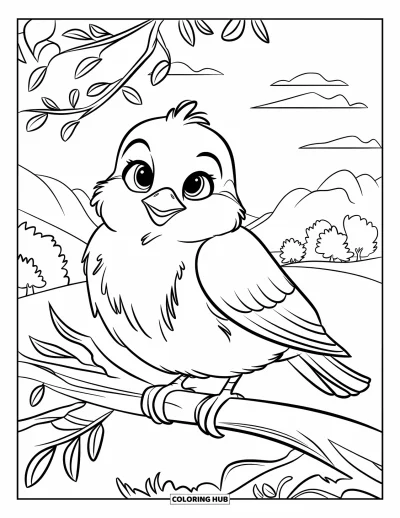 Coloriage de bleu pour enfants : Un adorable merle bleu perché sur une branche avec des montagnes et des nuages en arrière-plan
