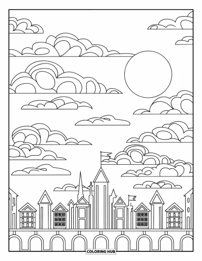 Coloriage de bleu pour enfants : Un panorama nocturne féerique avec une lune lumineuse et des nuages duveteux dans le ciel