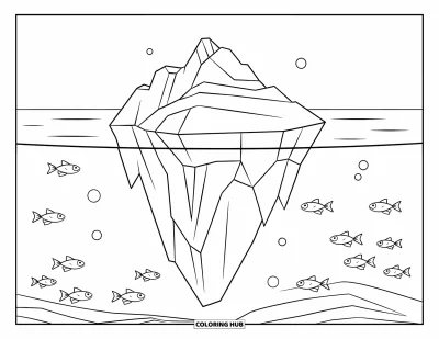 Coloriage de bleu pour enfants : Un iceberg plat entouré d'une mer calme avec des poissons qui nagent