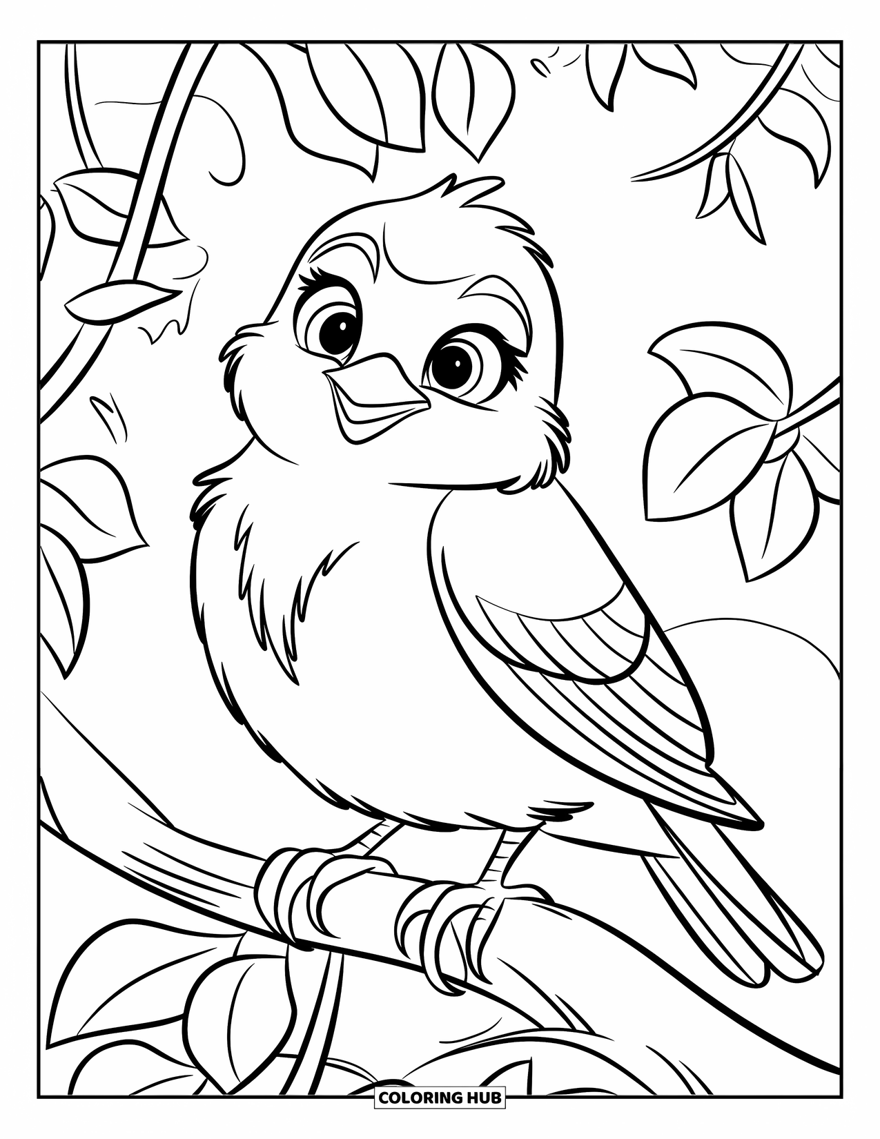 Blue Coloring Page for Kids: A fluffy bluebird perched on a leafy tree branch