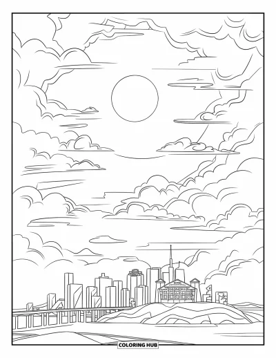 Coloriage de bleu pour enfants : Une lune brillante au-dessus d'une ville animée avec de grands immeubles et des nuages