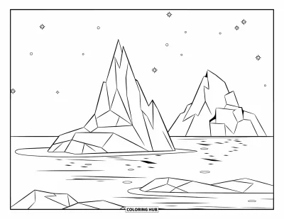 Coloriage de bleu pour enfants : Un groupe d'icebergs flottant sous un ciel étoilé et paisible