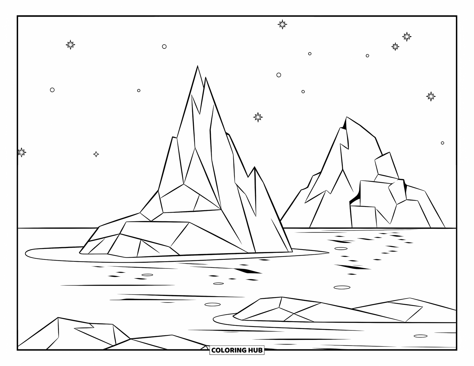 Blue Coloring Page for Kids: A group of icebergs floating under a starry, peaceful sky