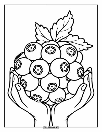 Coloriage de bleu pour enfants : Une poignée de myrtilles tenues par deux mains avec une feuille sur le dessus