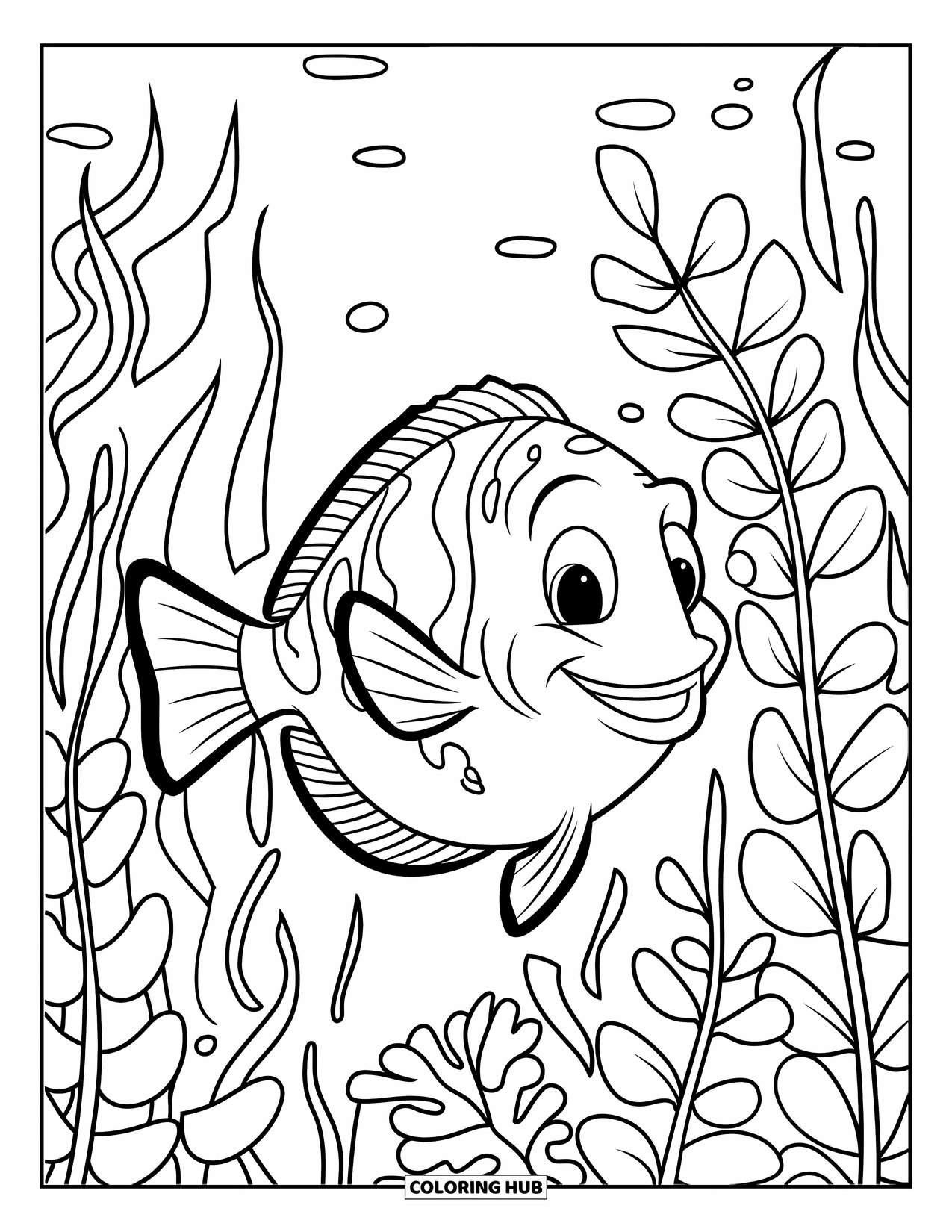 Blue Coloring Page for Kids: A happy blue tang fish swimming through waving sea plants