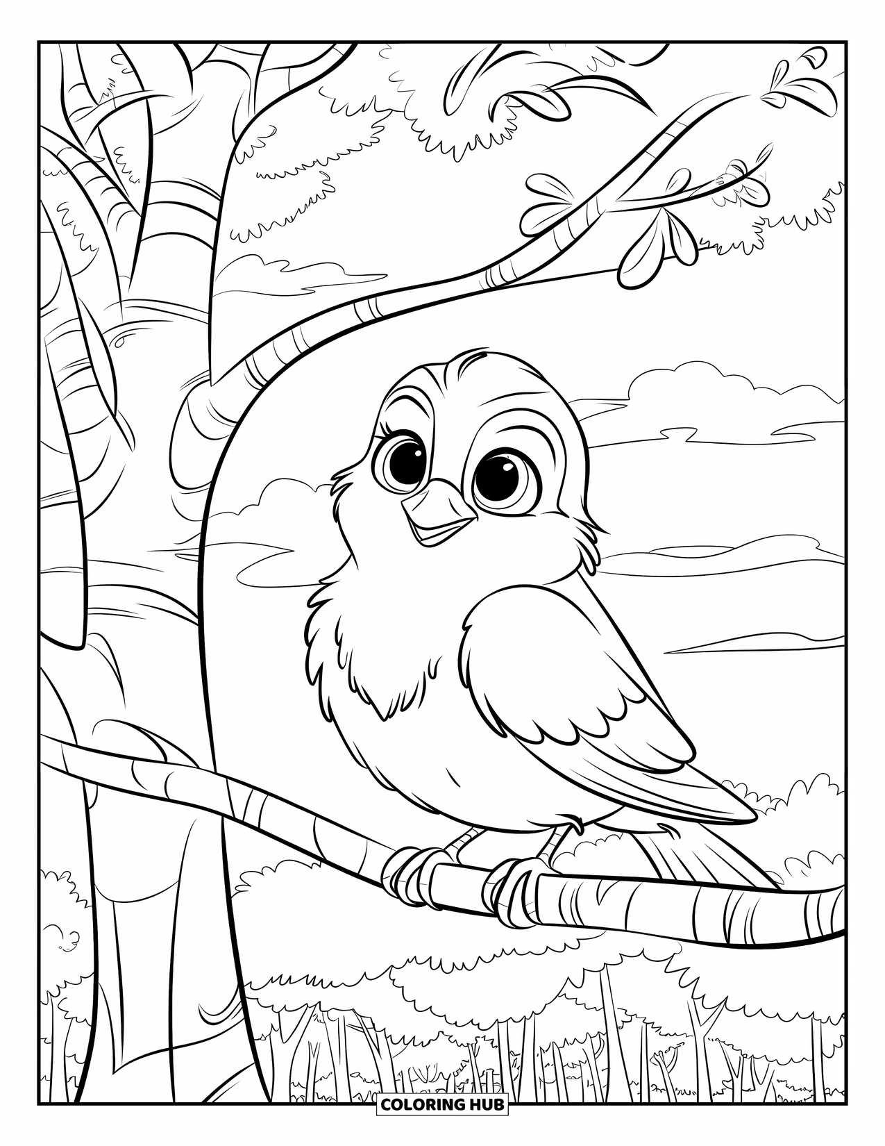 Blue Coloring Page for Kids: A happy bluebird sitting on a tree branch under fluffy clouds