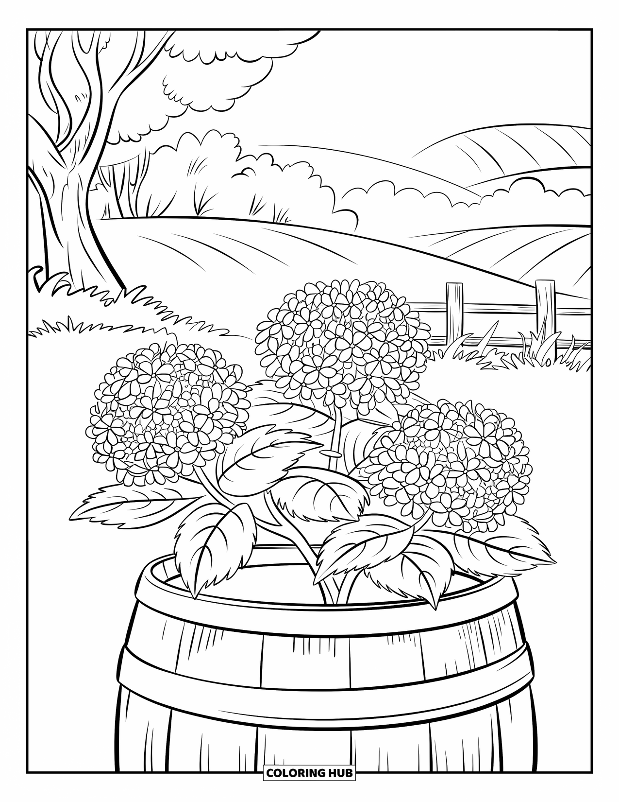 Blue Coloring Page for Kids: A large hydrangea sitting on a wooden barrel in the countryside
