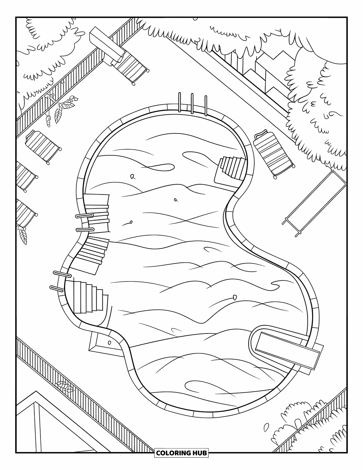 Blue Coloring Page for Kids: A lively outdoor pool with a slide, deck chairs, and nearby trees