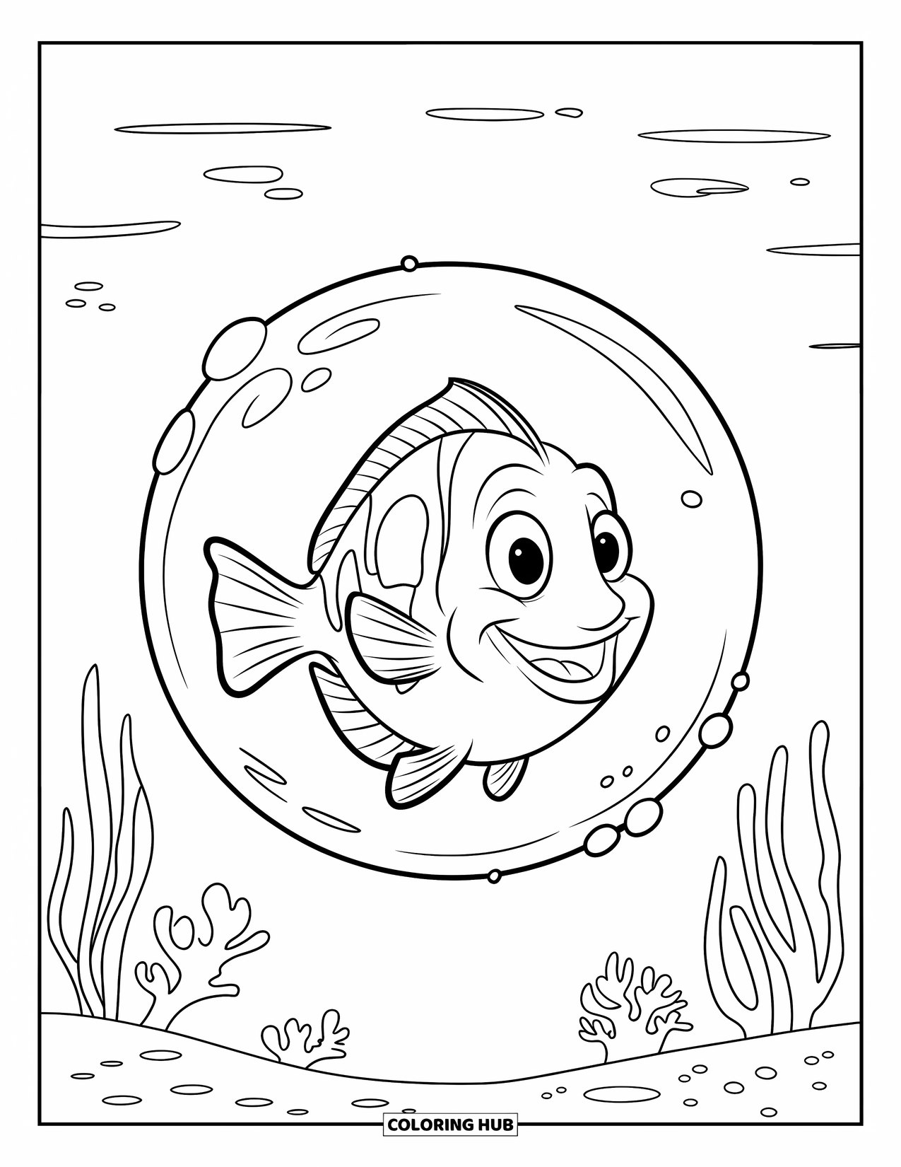 Blue Coloring Page for Kids: A playful fish grinning inside a bubble above gentle ocean waves