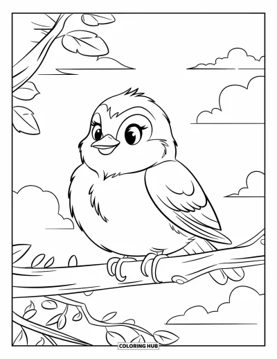 Coloriage de bleu pour enfants : Un merle bleu tout rond assis sur une branche sous un ciel lumineux