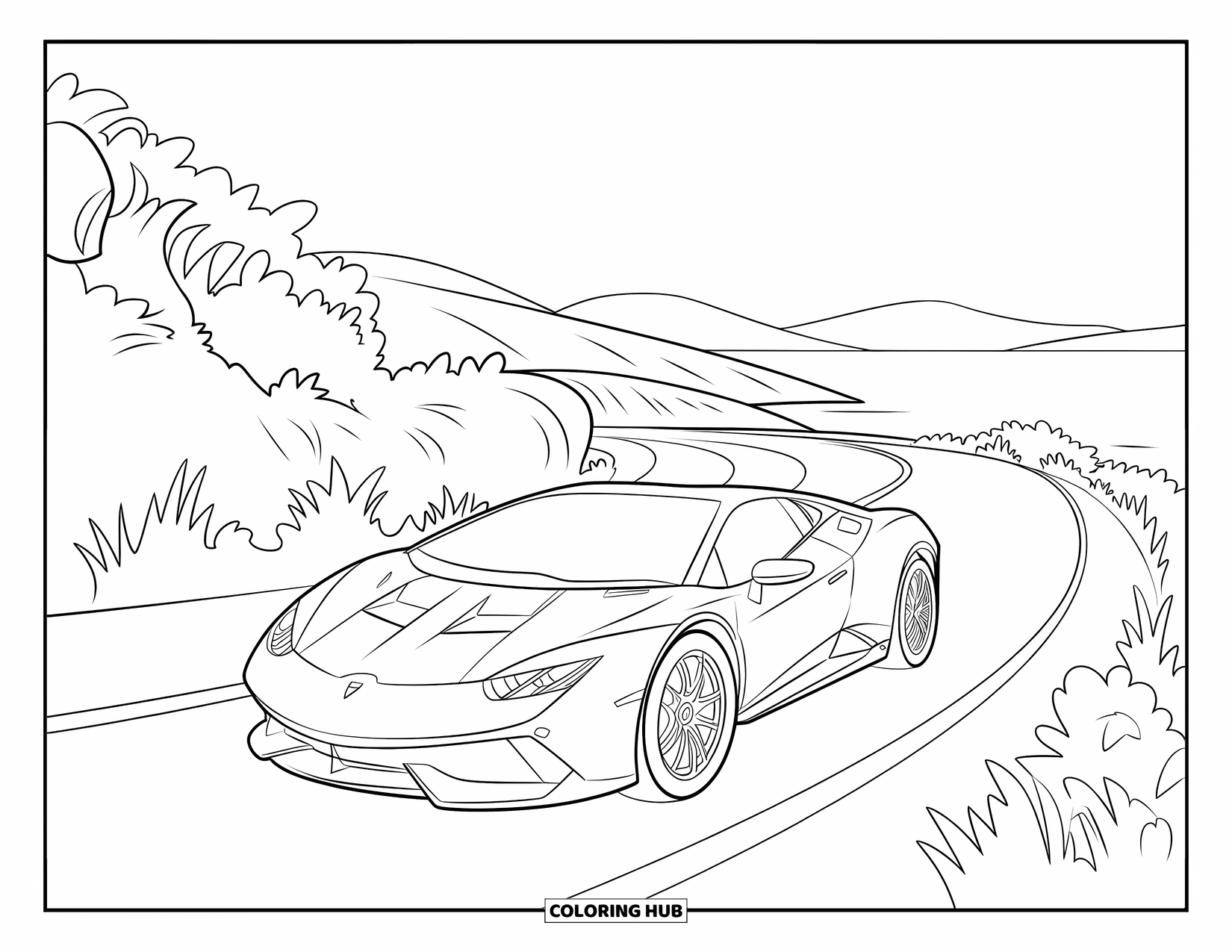 Blue Coloring Page for Kids: A shiny red sports car speeding along a curving road surrounded by greenery