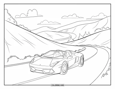 Coloriage de bleu pour enfants : Une voiture de sport rouge élancée roulant dans des collines sinueuses sous un ciel bleu dégagé
