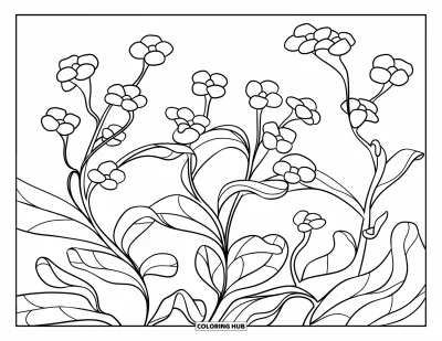 Coloriage de bleu pour enfants : Un petit massif de myosotis aux pétales doux et aux feuilles tendres