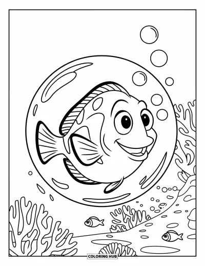 Coloriage de bleu pour enfants : Un poisson chirurgien souriant flottant joyeusement dans une bulle