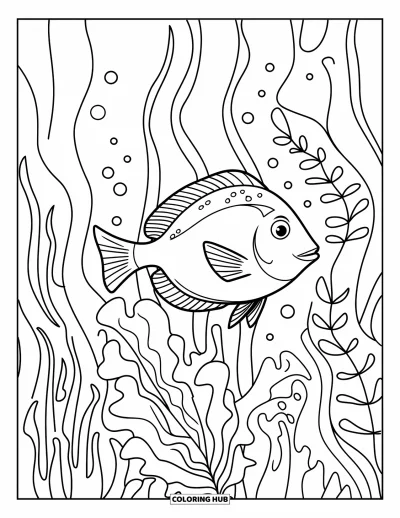Coloriage de bleu pour enfants : Un poisson souriant glissant parmi des algues douces dans un océan tranquille