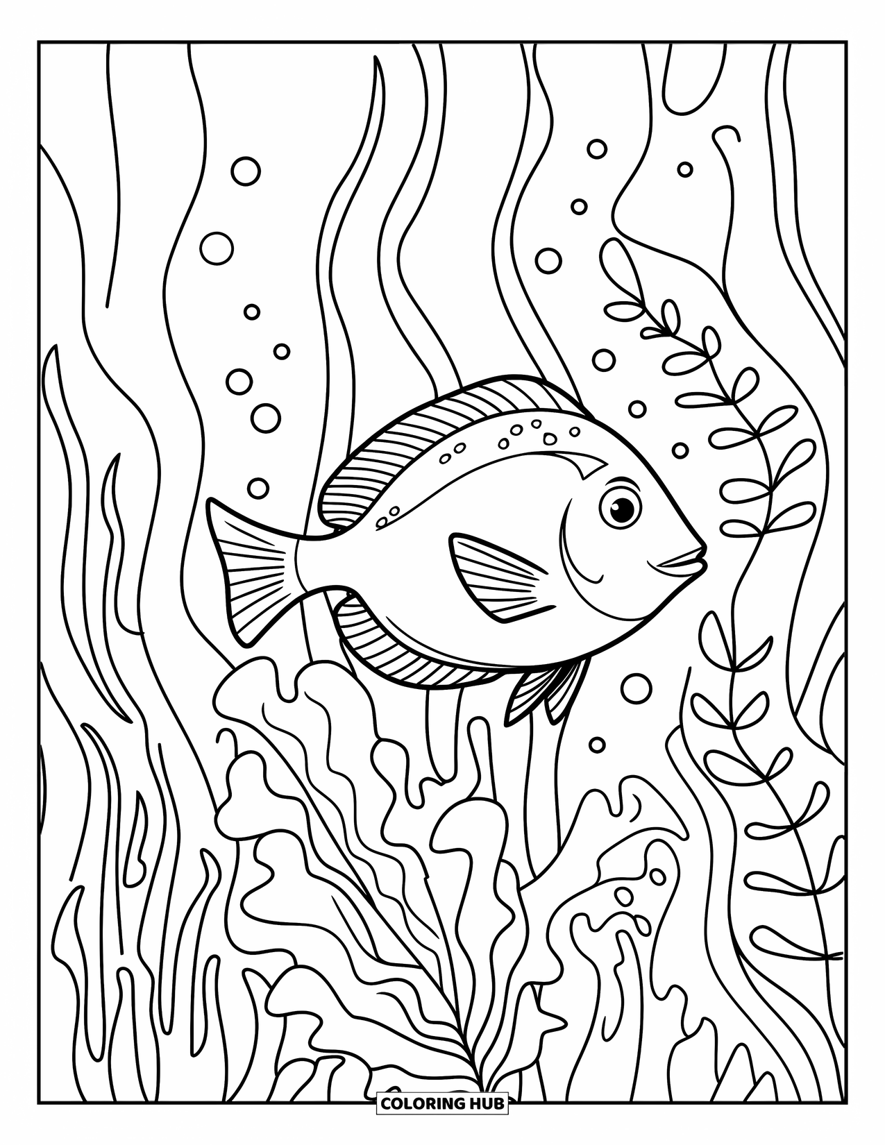 Blue Coloring Page for Kids: A smiling fish gliding among soft seaweed in a calm ocean