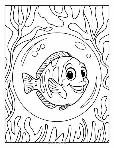 Coloriage de bleu pour enfants : Un poisson souriant dans une bulle entourée d'algues