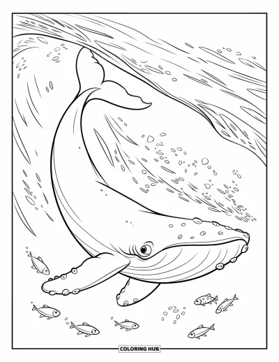 Coloriage de bleu pour enfants : Une baleine souriante bondissant joyeusement à travers des vagues océaniques calmes