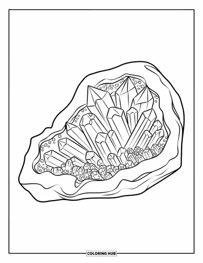 Coloriage de bleu pour enfants : Une géode scintillante révélant de profonds cristaux bleus dans sa coque rocheuse