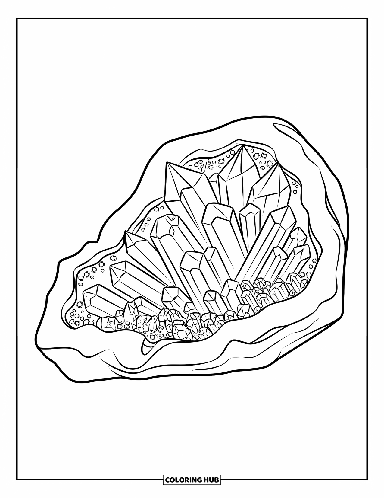 Blue Coloring Page for Kids: A sparkling geode showing deep blue crystals inside its rocky shell