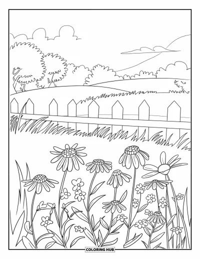 Coloriage de bleu pour enfants : Un champ ensoleillé rempli de bleuets et de myosotis