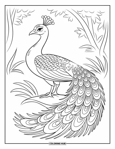 Coloriage de bleu pour enfants : Un paon majestueux debout parmi des feuilles dans une forêt verdoyante