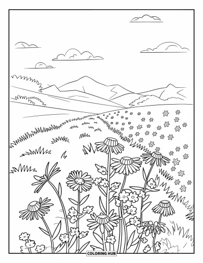 Coloriage de bleu pour enfants : Un vaste champ ouvert de bleuets et de myosotis sous un ciel lumineux