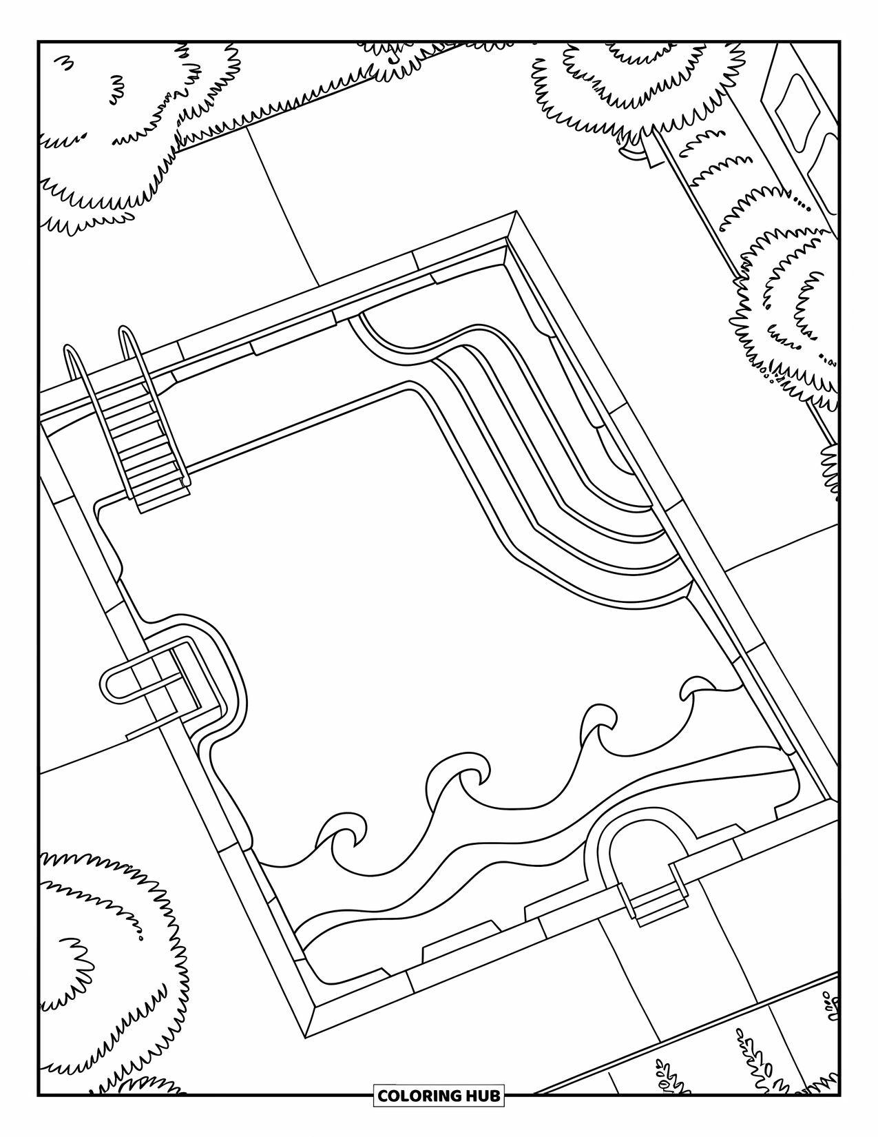 Blue Coloring Page for Kids: An aerial view of a peaceful outdoor pool with steps and rippling water