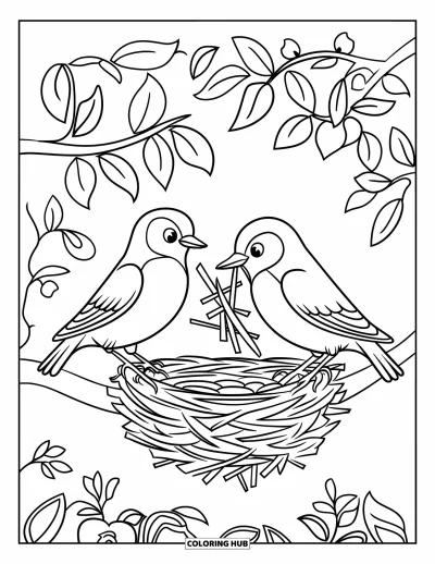 Coloriage de bleu pour enfants : Des merles bleus rassemblant joyeusement des brindilles pour construire leur nid douillet