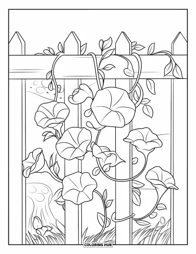 Coloriage de bleu pour enfants : Des lianes d'ipomée s'enroulant autour d'une barrière en bois avec de l'herbe douce en dessous