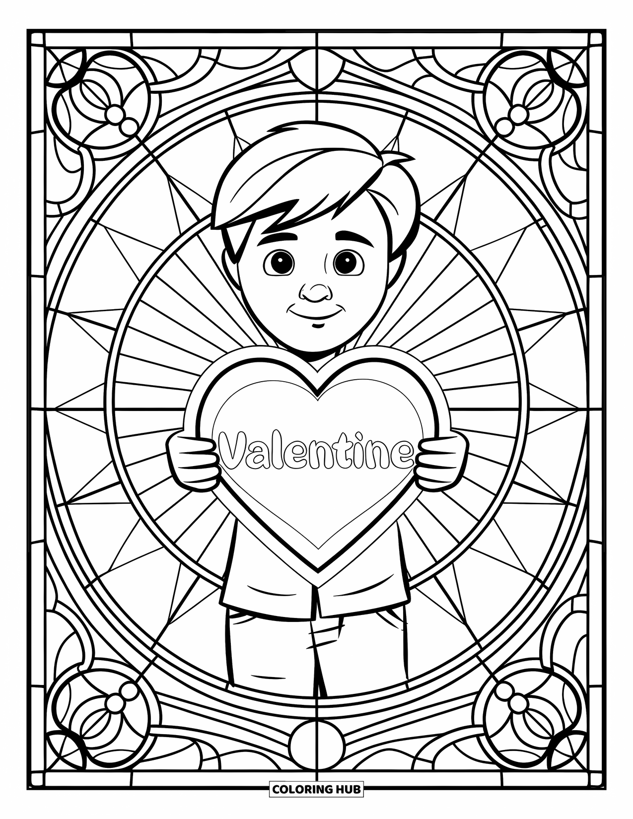 Boy Valentine Coloring Page for Adults: A boy holds a glowing heart marked ìValentineî within radiant glass panels