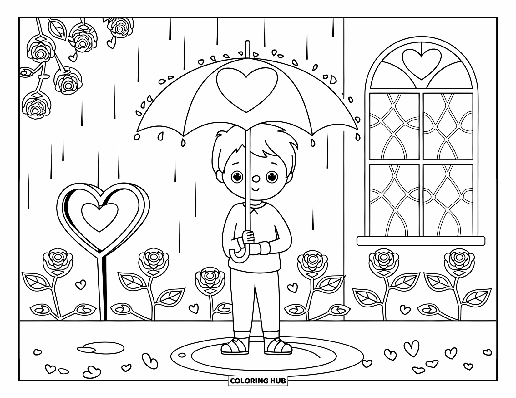 Boy Valentine Coloring Page for Adults: A boy holds a heart umbrella in the rain surrounded by roses and glowing lights